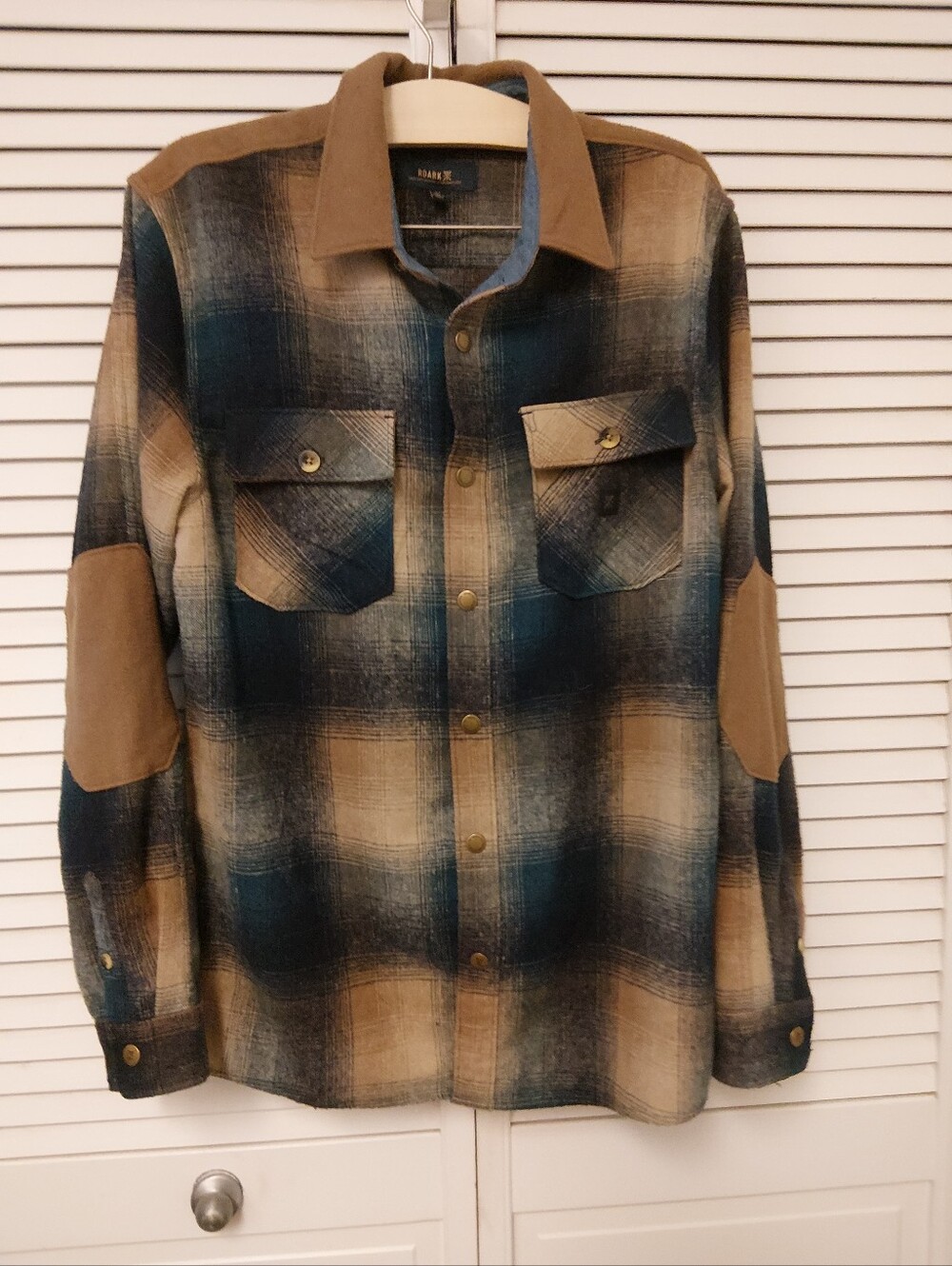 Roark Wool Blend Nordsmen Black, and Brown Plaid Shirt Jacket with Elbow Patches
